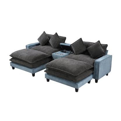 Sectional Sofa With Removable Ottomans, USB Ports, Cup Holders & Storage - Gray / Light Blue