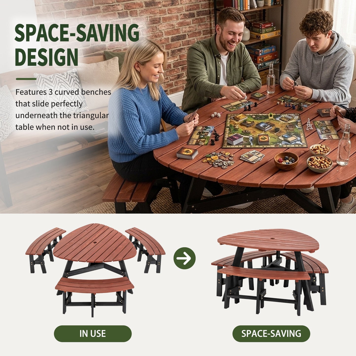 6-Person Semi-Circular Outdoor Solid Fir Wood Picnic Table Set, Rustic