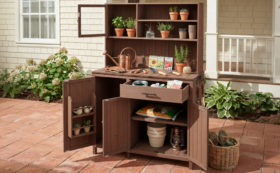 TOPAMX Potting Bench with Hutch, Solid Fir Wood Garden Workstation