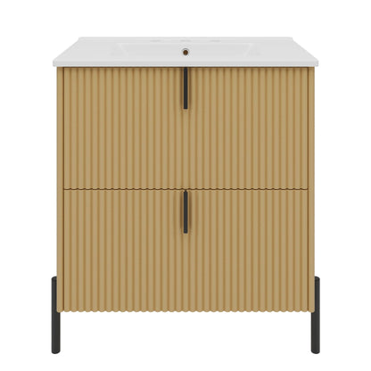 Fluted Bathroom Vanity With Ceramic Sink, Freestanding Design