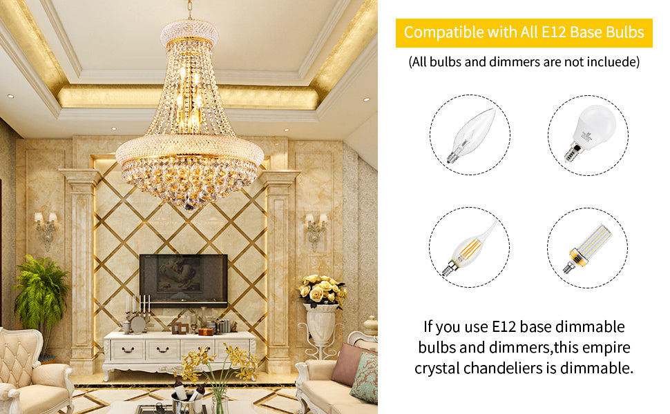 24-Inch Gold Crystal Chandelier, 12-Light French Empire Style Ceiling Light