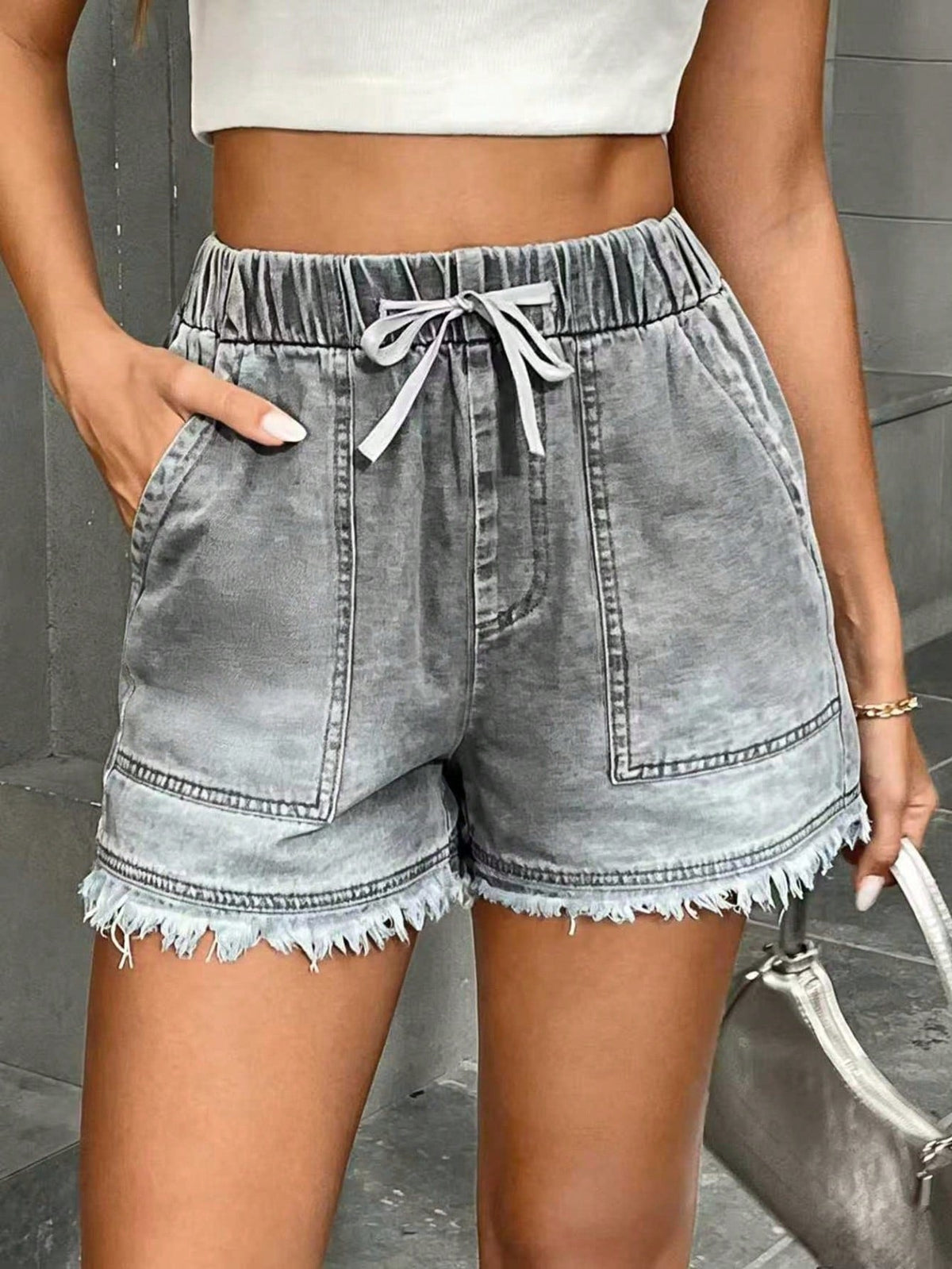 Womens Denim Shorts With Elastic Waist And Drawstring