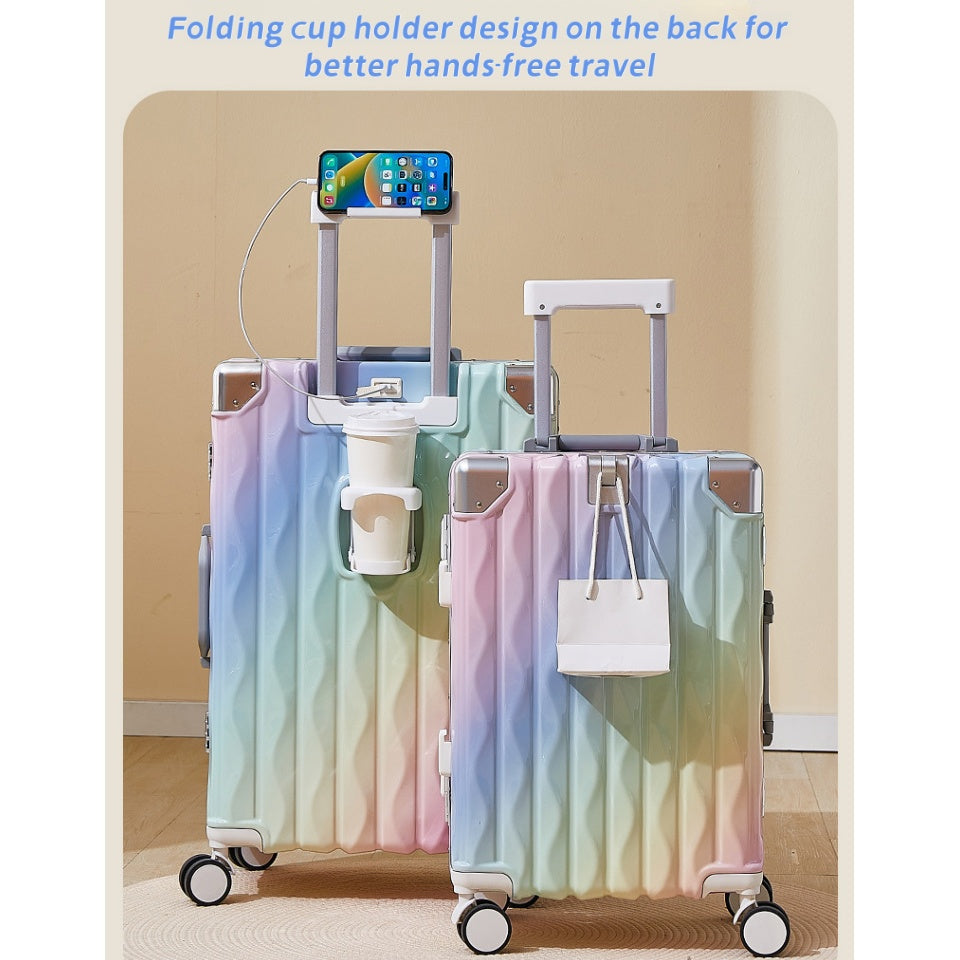 Aluminum Frame Hard Shell Luggage, Colorful And Fashionable, No Zipper Aluminum Frame, TSA Lock, With Cup Holder USB Interface, Aluminum Frame Travel Box, Durable Password Box