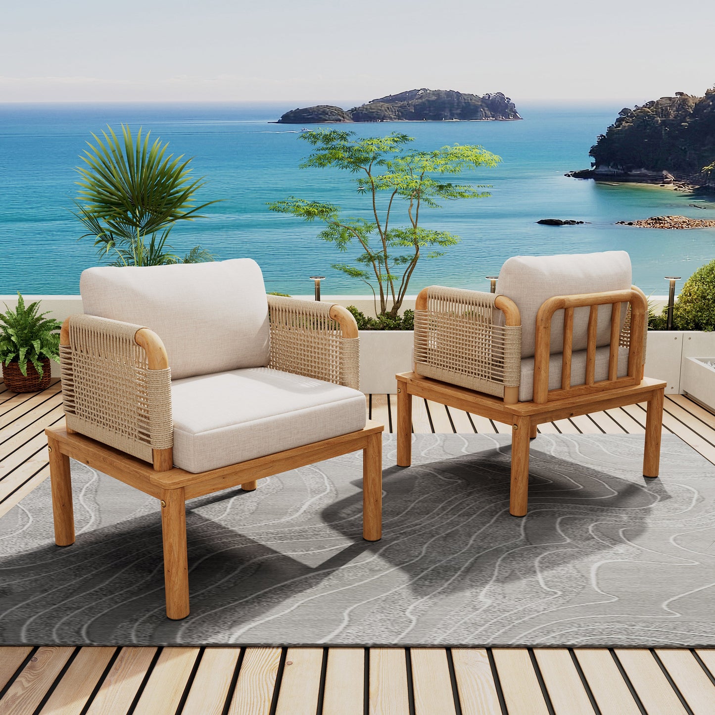 Outdoor Acacia Wood and Rope Club Chair with Cushions (Set of 2)