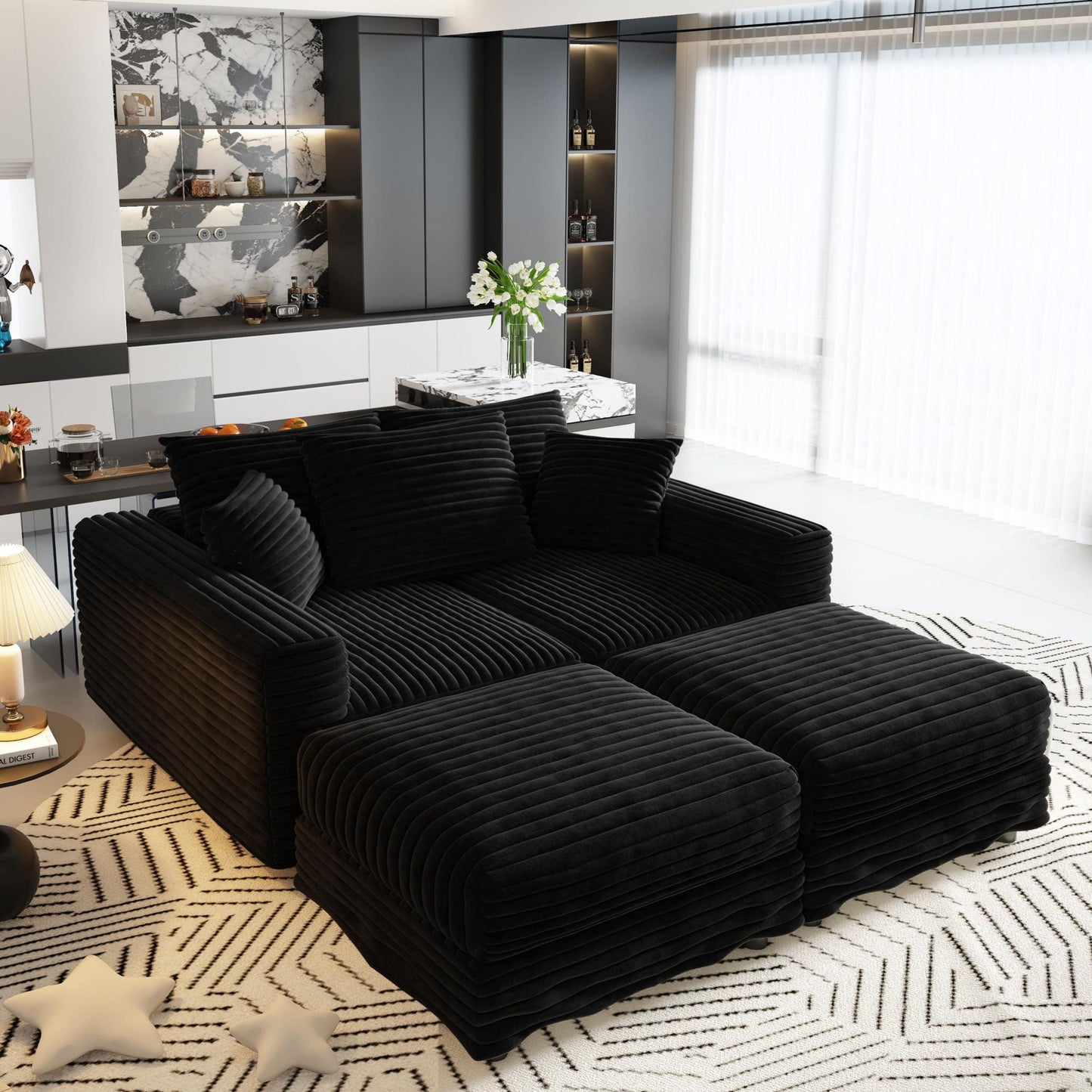 Deep Seat Convertible Sofa With Soft Pillows And Ottomans