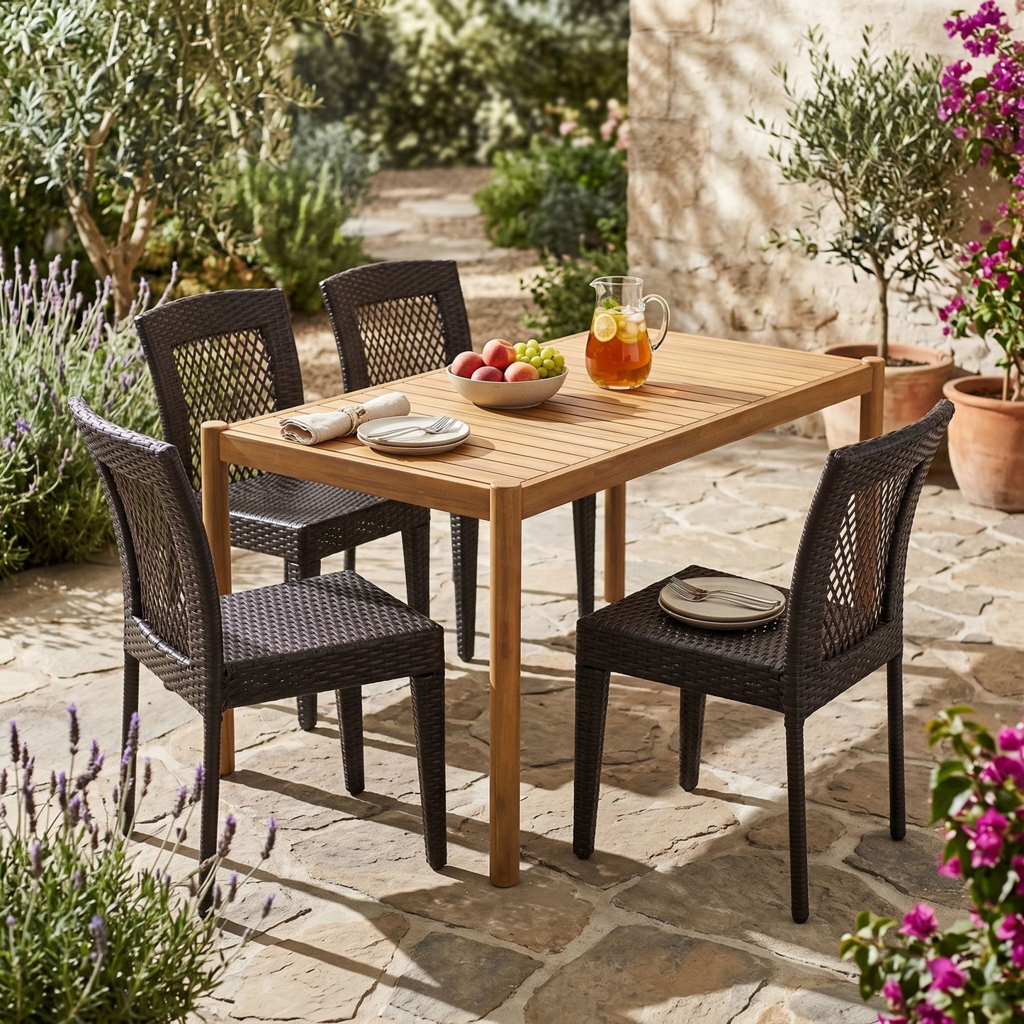 5-Piece Outdoor Dining Set, Acacia Wood Rectangular Patio Table & 4 PE Rattan Iron Frame Dining Chairs