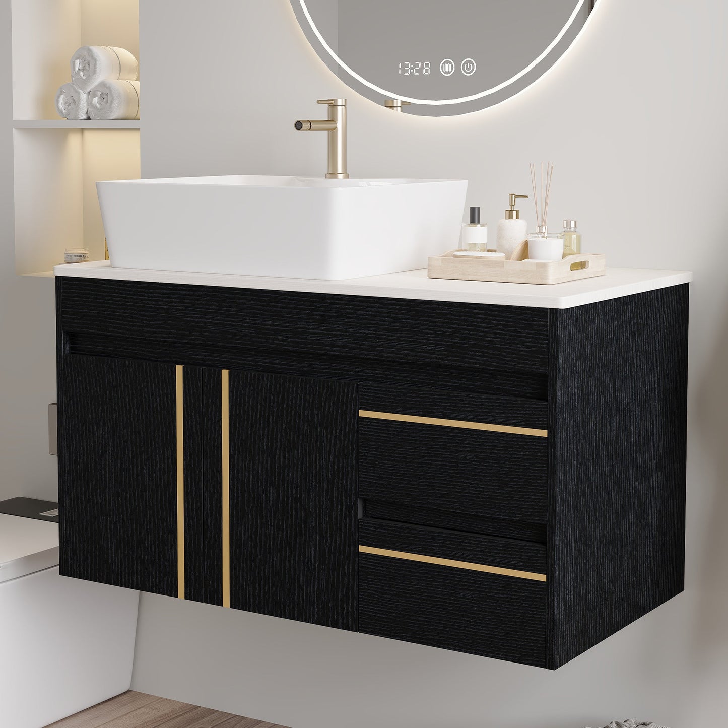 36" Wall-Mounted Bathroom Vanity with Vessel Ceramic Sink & Plywood Countertop