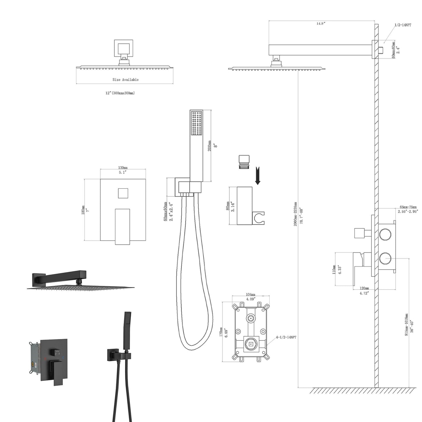 Dual Shower Head System With 12" Square Rain Shower And Rough In Valve
