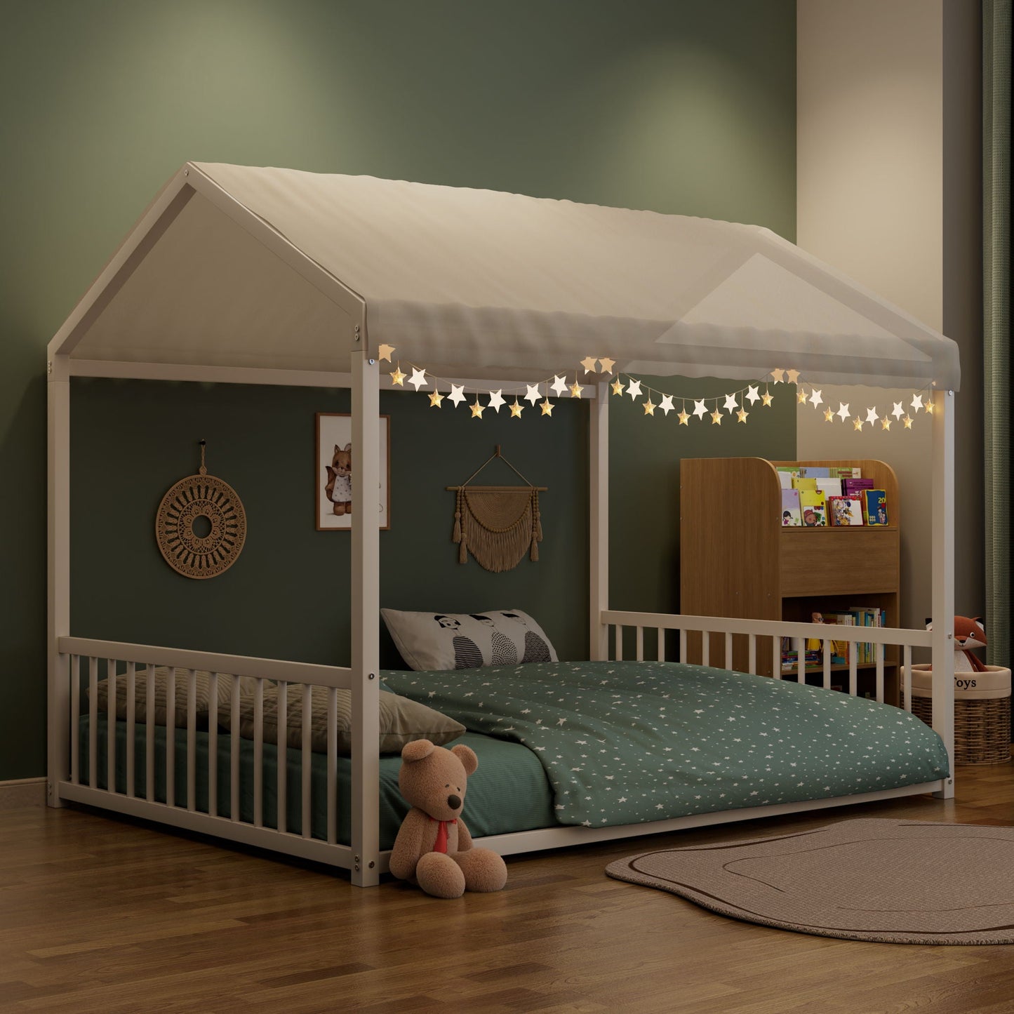 Montessori Style Floor House Shaped Bed With Safety Guardrails