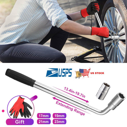 Telescoping Lug Wrench Extendable Tire Wheel Nut Wrench with CR-V Sockets 17mm/19mm/21mm/23mm Free Work Gloves