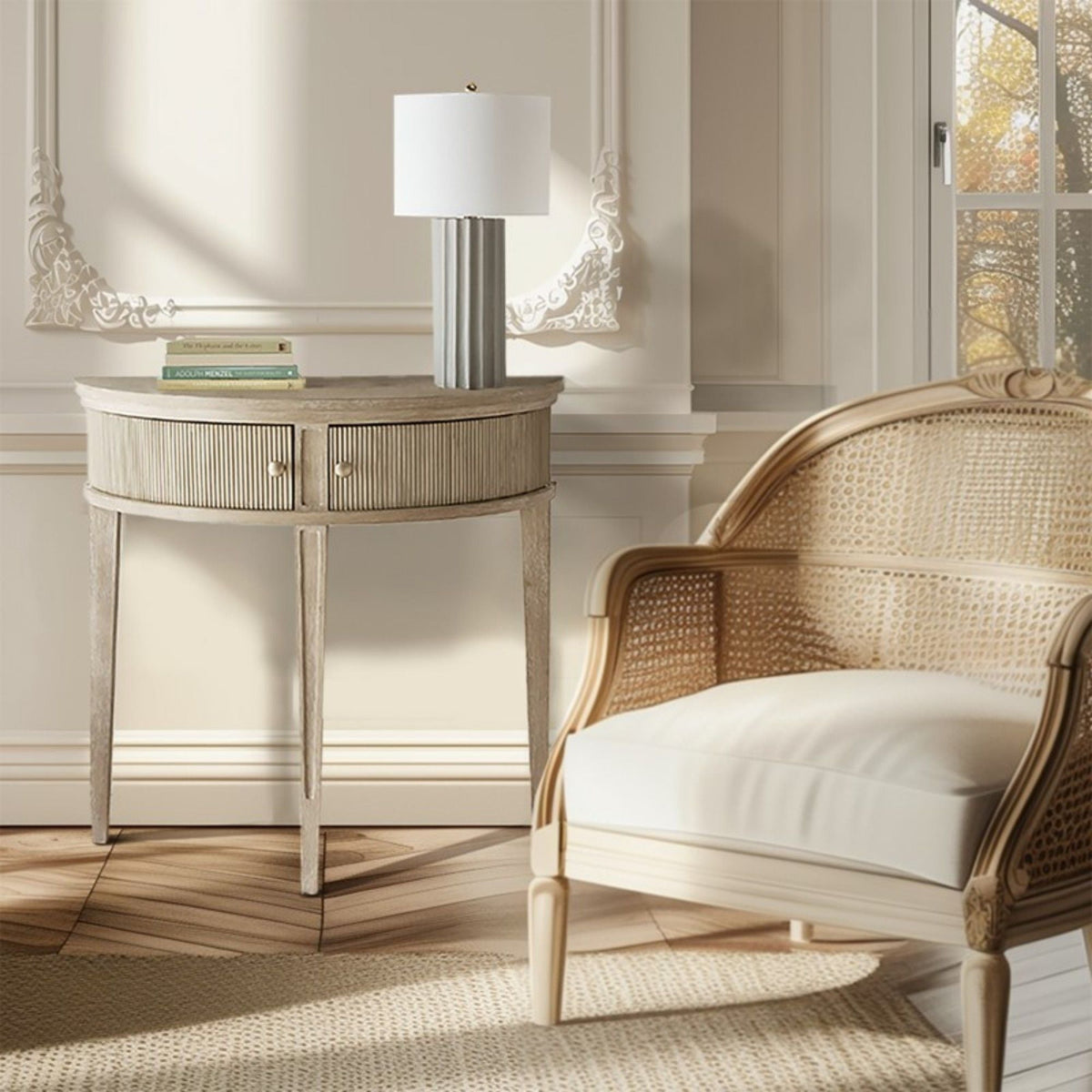 Vintage Inspired Storage Console Table With Fluted Doors