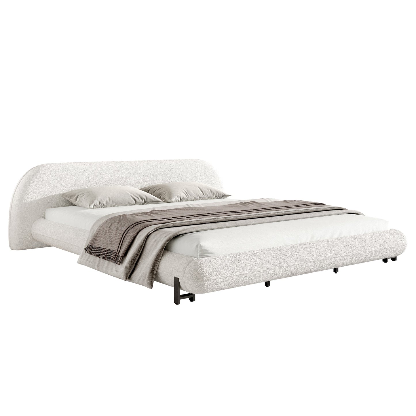 King Size Bed Frame with Boucle Fabric and Thick Headboard