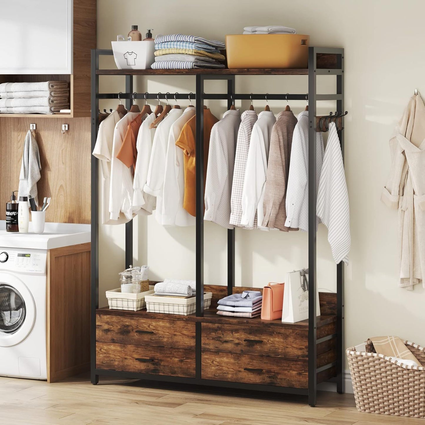 Freestanding Closet Organizer With 4 Drawers, 8 Hooks, Shelves, And Hanging Rod - Brown / Black