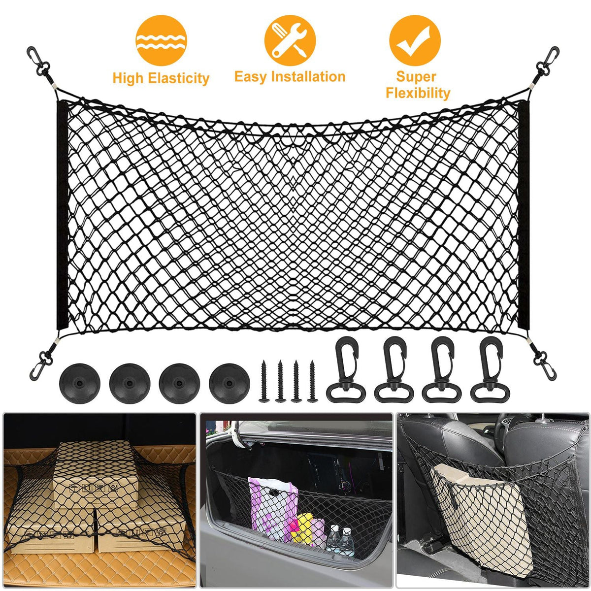Trunk Cargo Net Stretchable Universal Elastic Truck Net Rear Seat Trunk Storage Organizer Net with Fasteners and Hardware Flexible Nylon Car Storage M