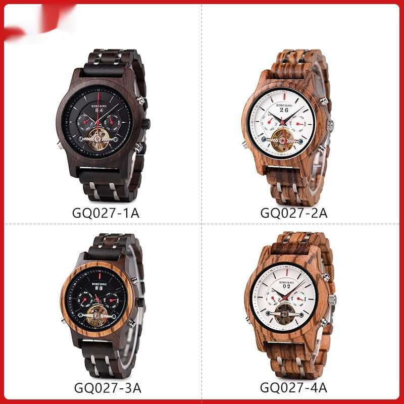 Business Flywheel Mechanical Multi-function Wooden Watch