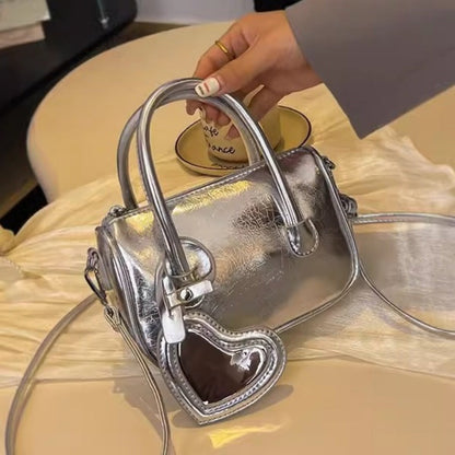 Mini tote handbag silver, women's summer shoulder crossbody bag, versatile love small square bag, mini top handle purse