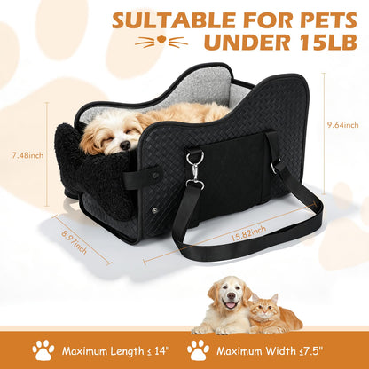 Center Console Dog Car Seat For Small Dogs, Dog Booster Seat To 15lbs Portable Puppy Car Seat With Adjustable Straps, Storage Pocket, Anti-Collapse, Washable Reversible Seat Cushion Black