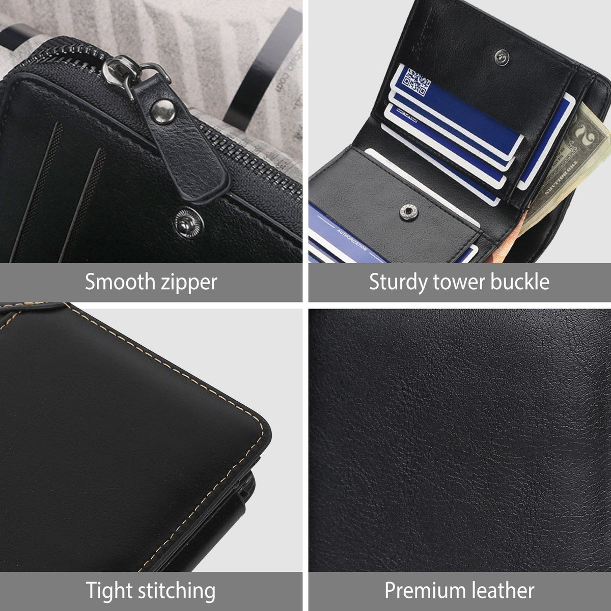 MenÕs Leather Wallet ID Card Holder Purse Trifold Clutch Money Zipper with ID Window_x000B__x000B_14 Credit Card 1 ID Card