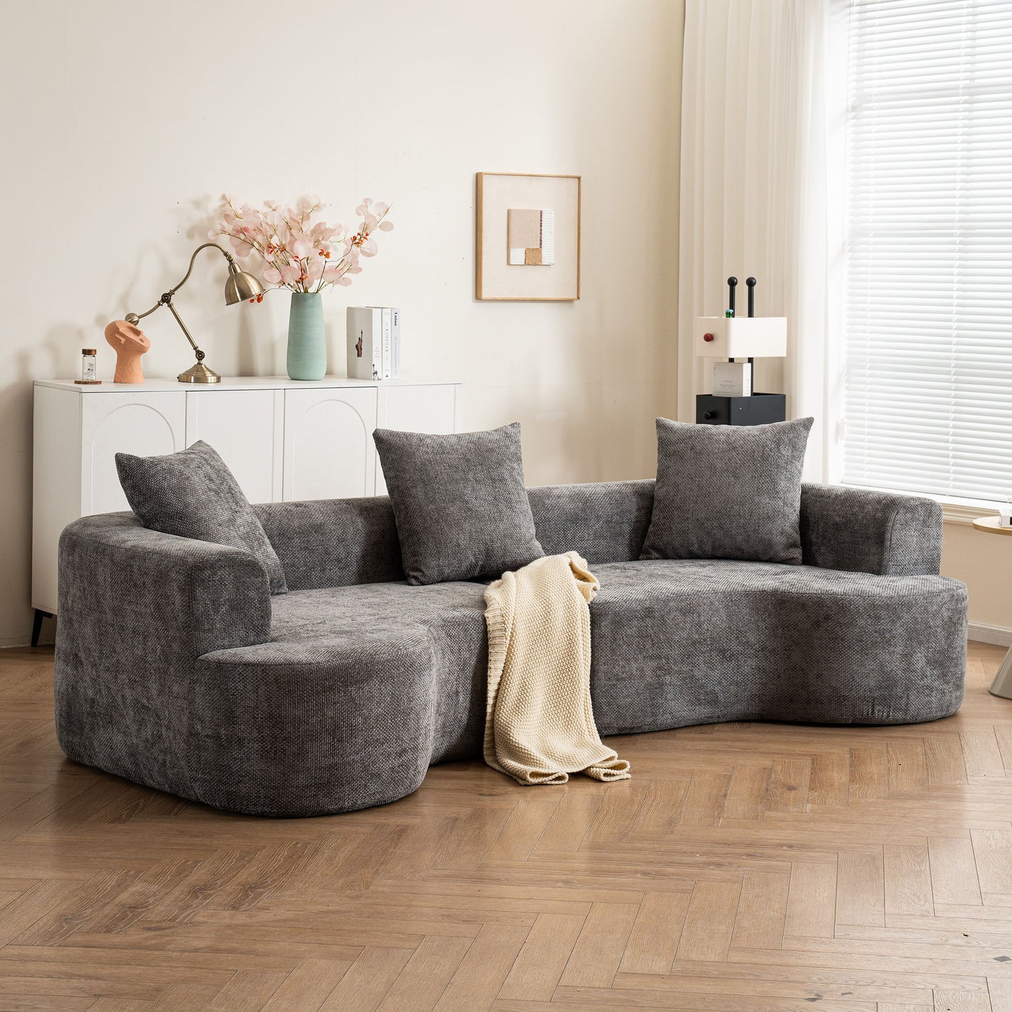 Modern Style Ultra Smooth Curved Sofa With 3 Pillows