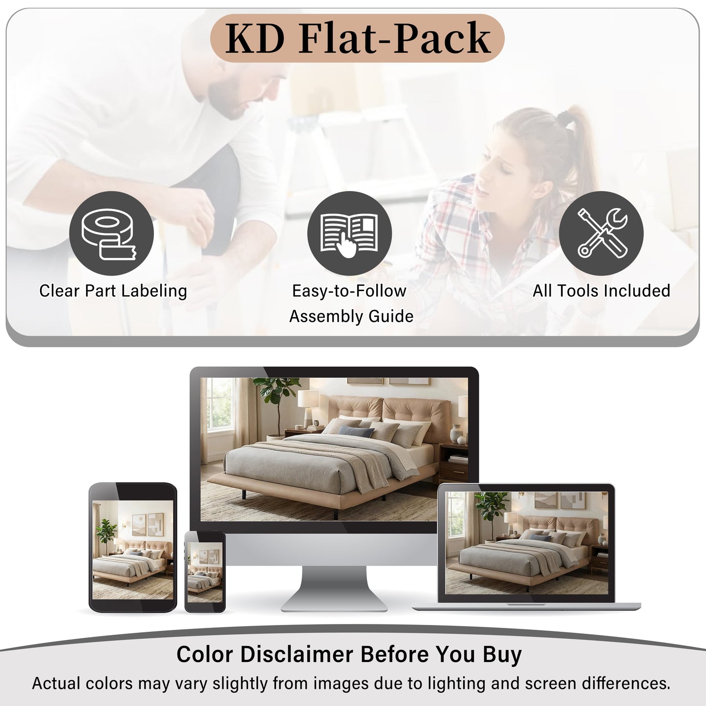 Queen Size Upholstered Floating Bed Frame with LED Lights, Khaki
