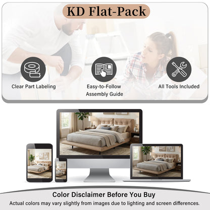 Queen Size Upholstered Floating Bed Frame with LED Lights, Khaki