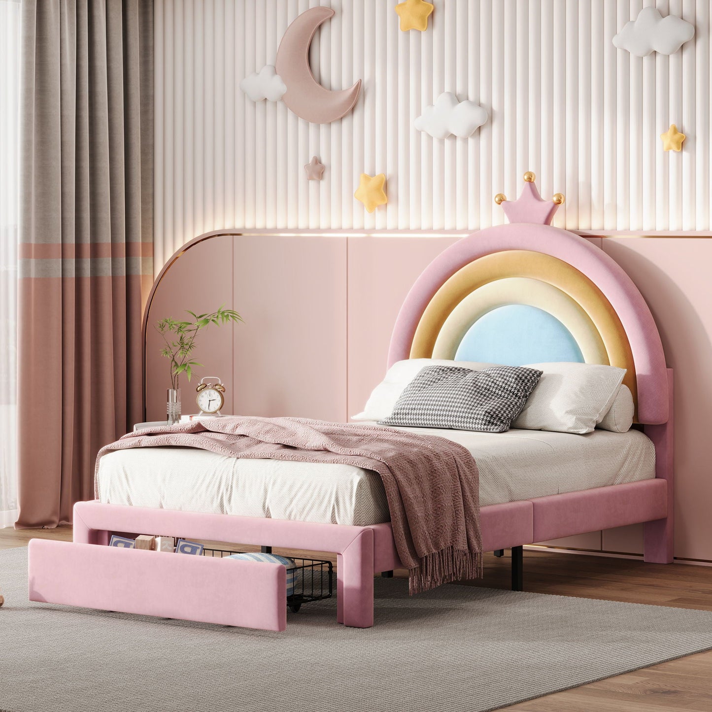 Upholstered Rainbow Design Bed, Princess Platform Bed With Storage Drawer