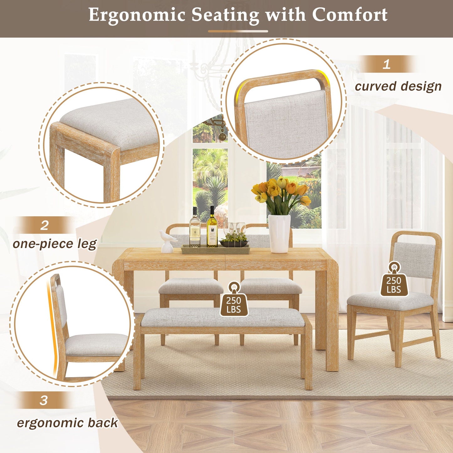 Extendable Dining Table Set With 4 Upholstered Chairs And 1 Bench