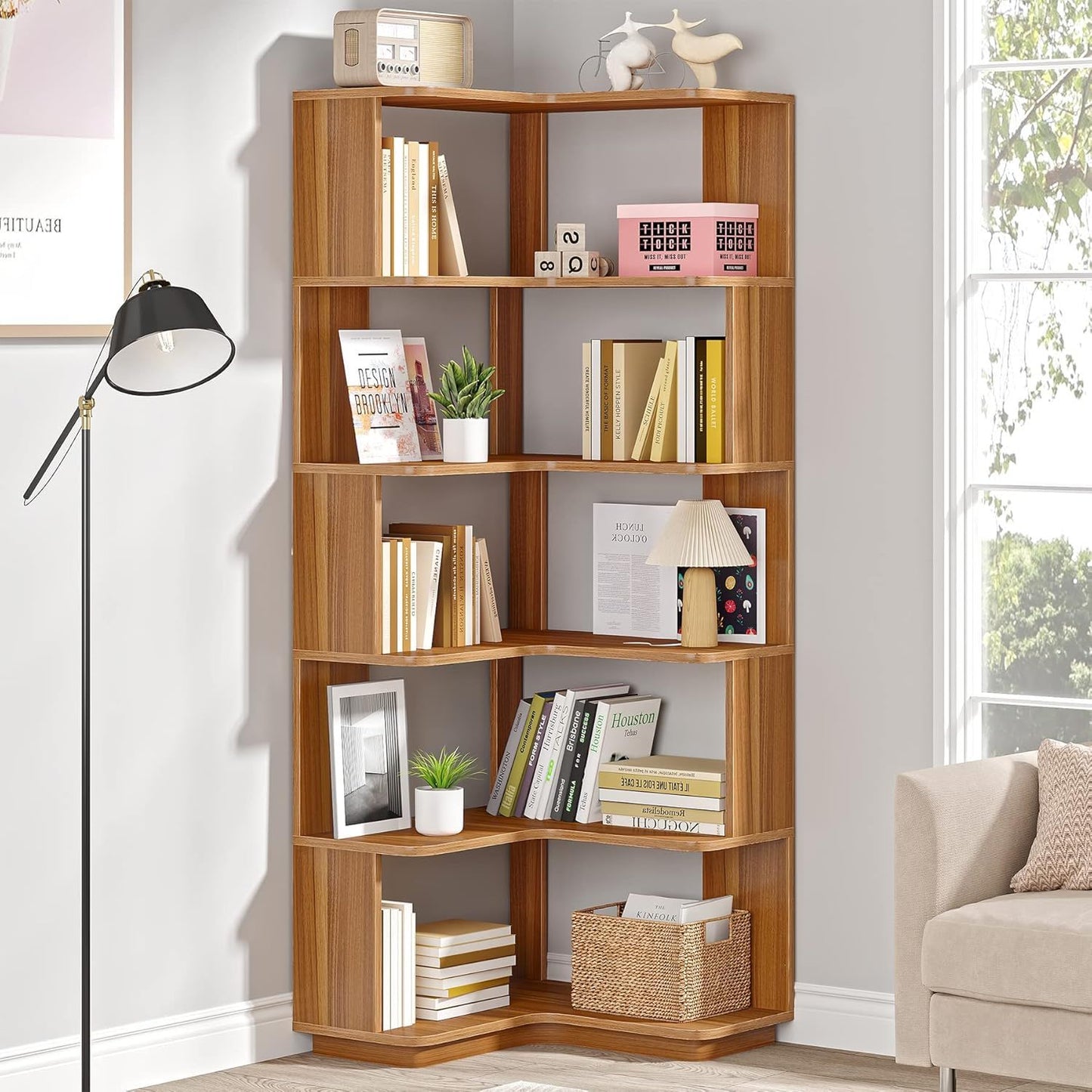 6 Tier Corner Bookshelf, L-Shaped Freestanding Shelf With Anti Drop Panels