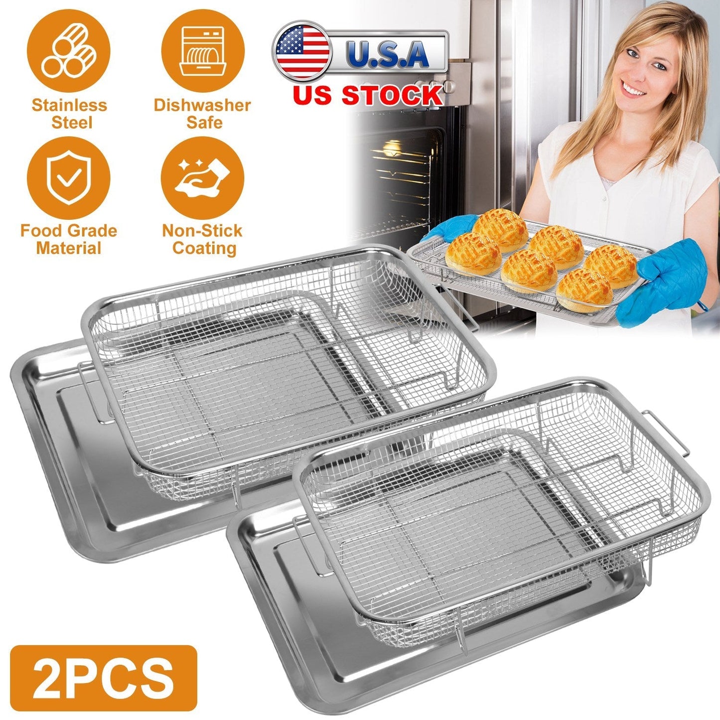 2Pcs Air Fryer Basket Tray 15.35x11.61in Stainless Steel Rustproof Non-Stick Oven Pan and Tray For Bake Grill Crispy Food Dishwasher Safe
