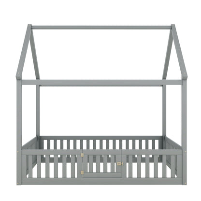 Wood House Bed With Fence And Door