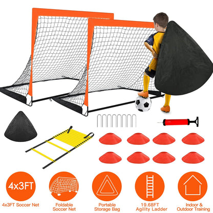 Kids Soccer Goal Training Equipment Set For Backyard Foldable 4x3FT Soccer Net Agility Ladder Inflatable Soccer Field Cones Portable Soccer Practice N