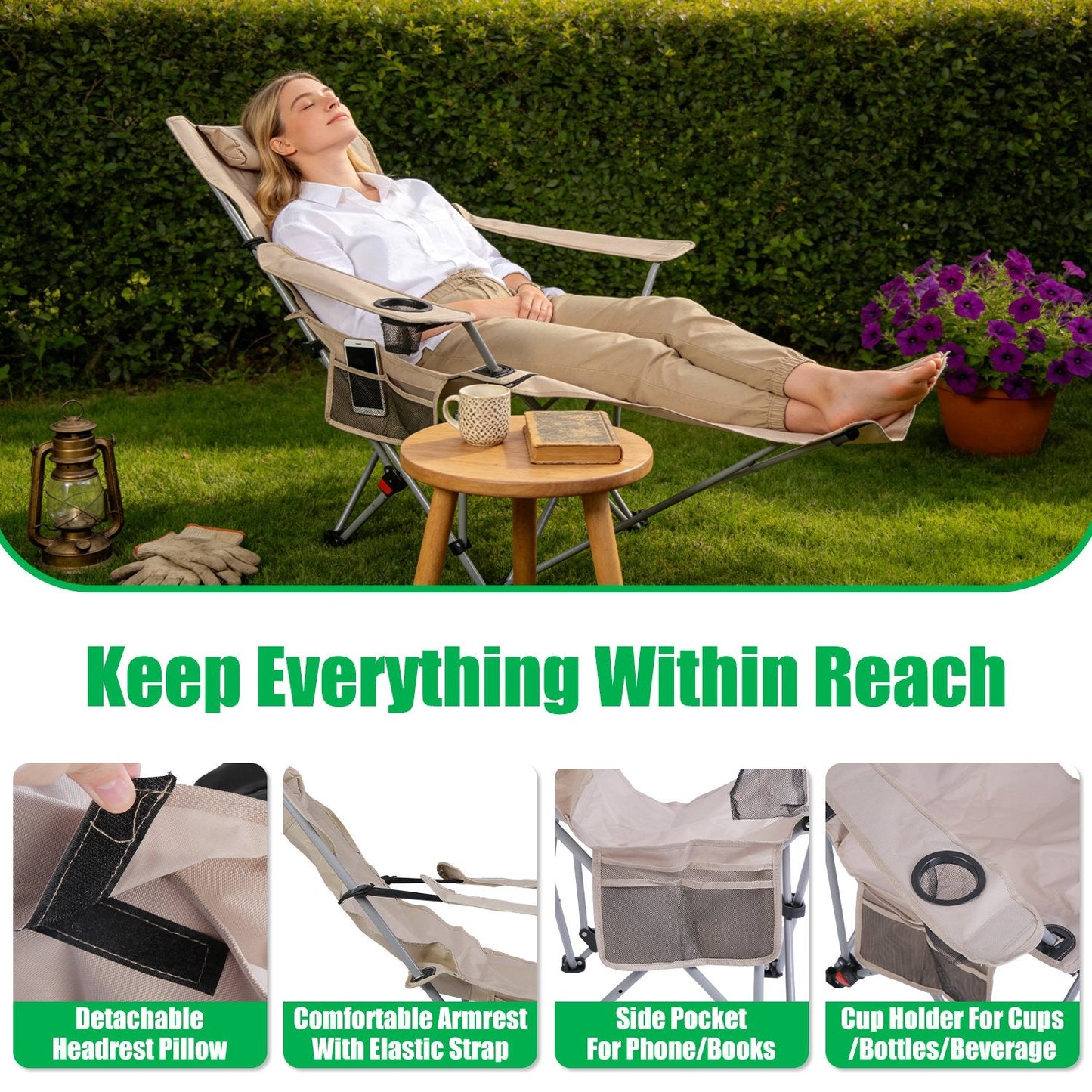 Reclining Camping Chair with Footrest – 4-Position Adjustable