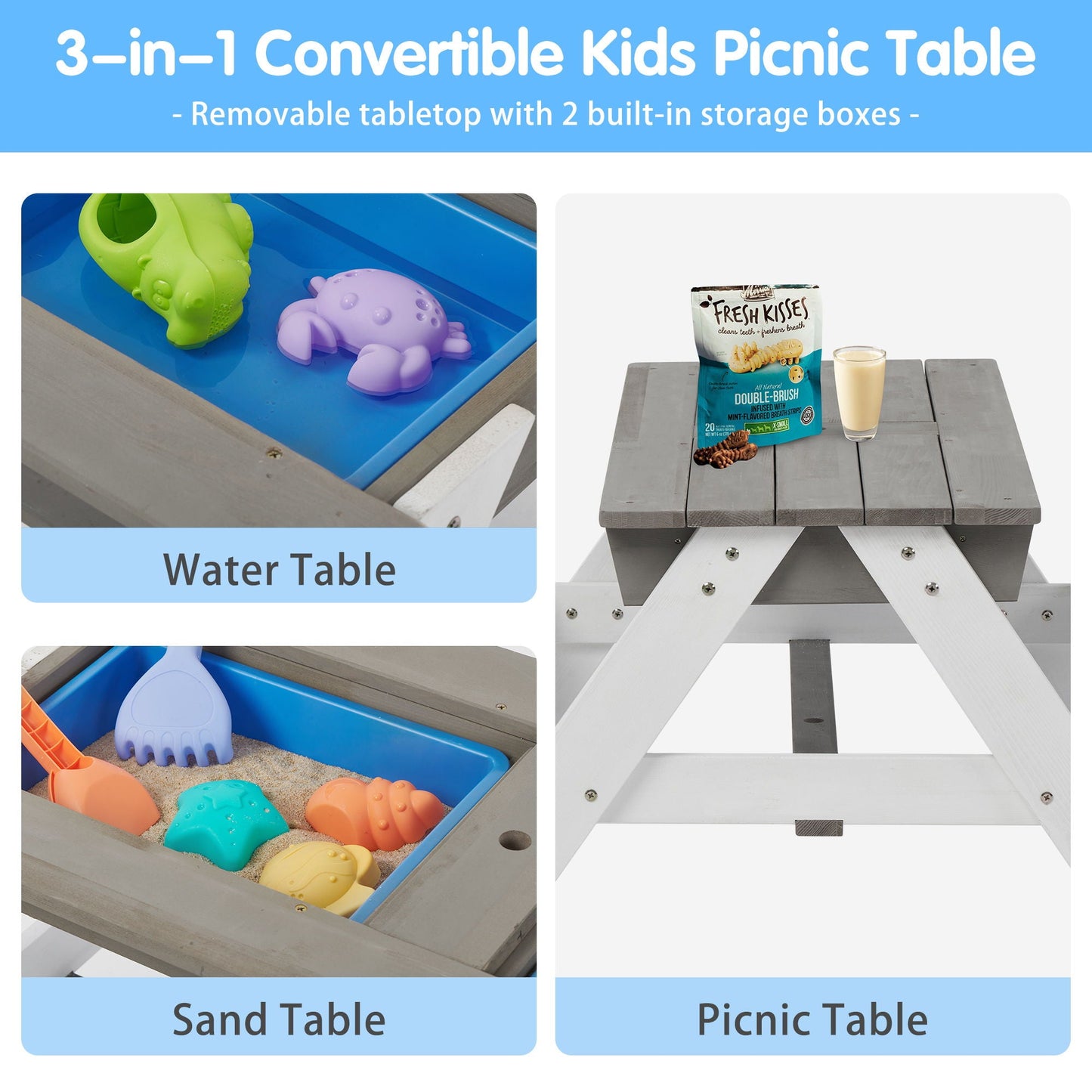 3-In-1 Kids Outdoor Wooden Picnic Table With Umbrella