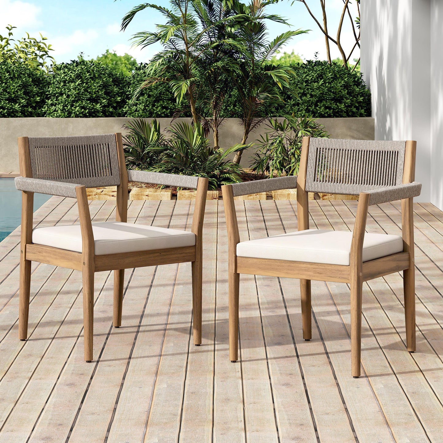 Braided Acacia Wood Outdoor Dining Chairs Set of 2 – Teak Look with Beige Rope & Cream Cushions