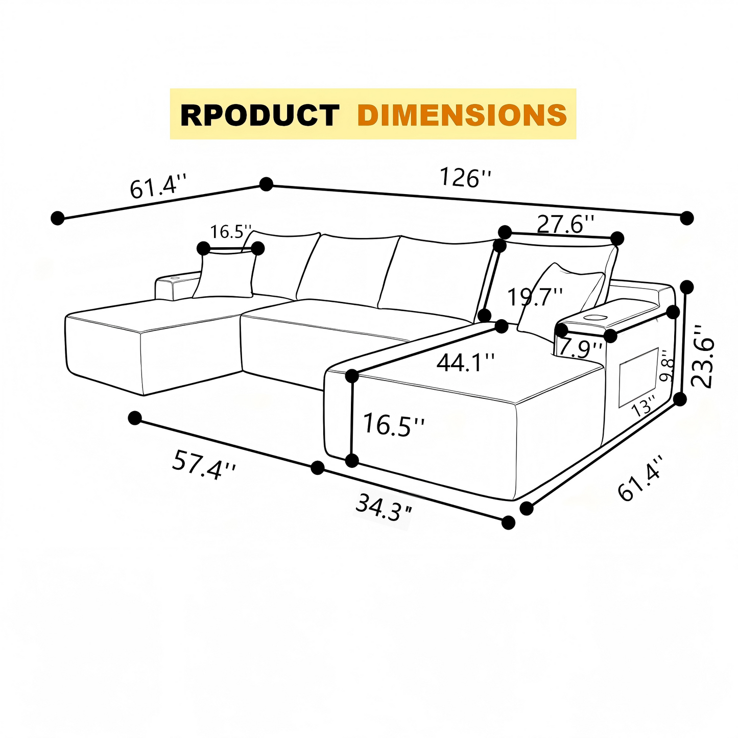 126" Cloud Sectional Sofa with U-Shape Chaise and Side Pockets and Cup Holder