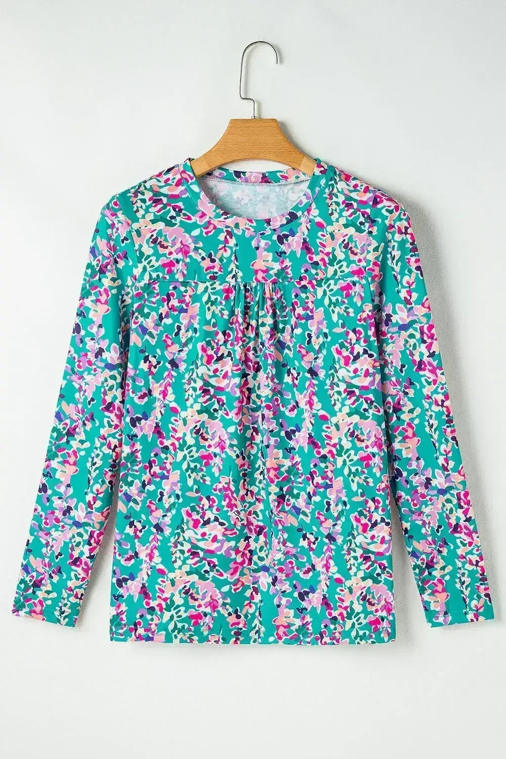 Green Floral Pleated Blouse - Relaxed Long Sleeve Top | Femstylo