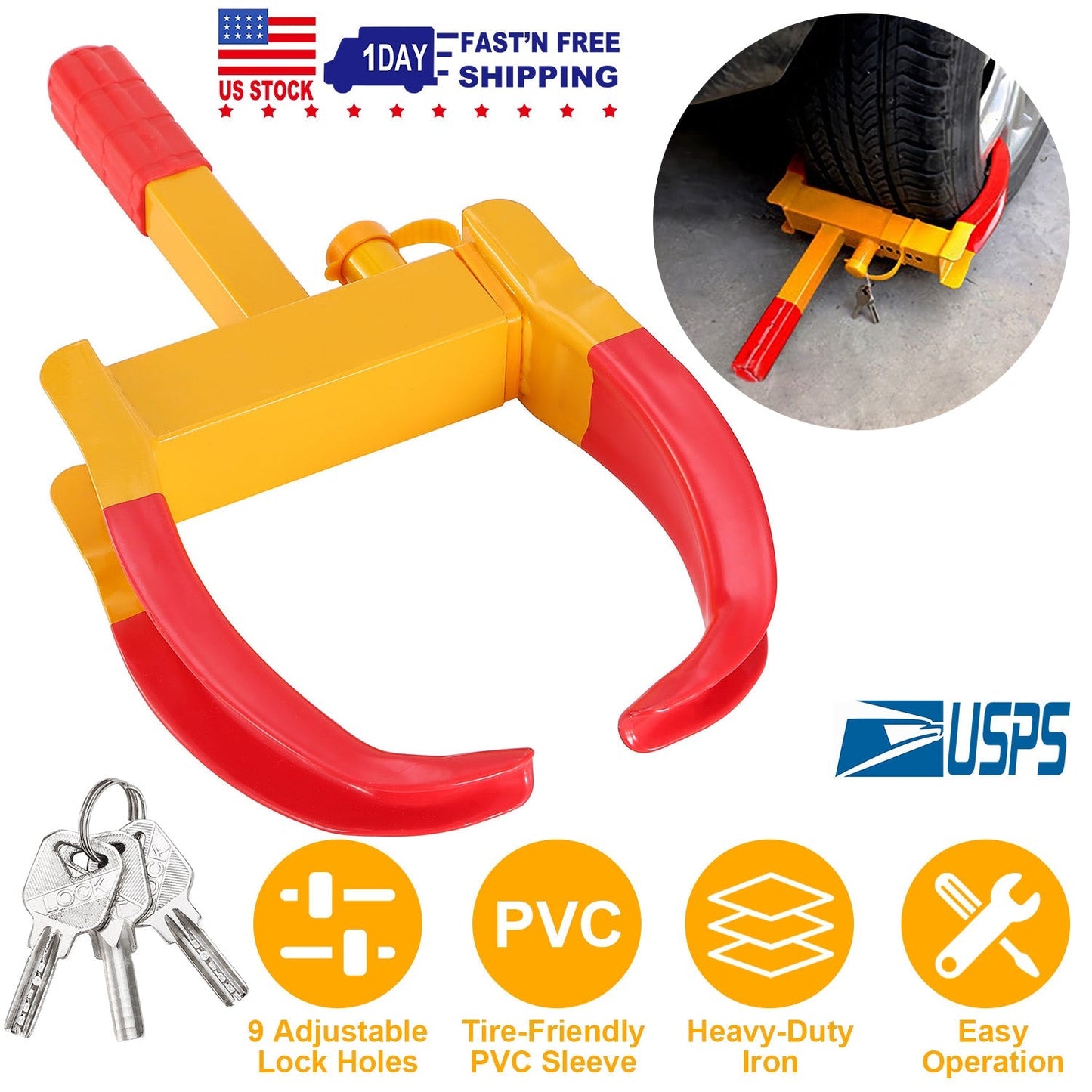 Heavy Duty Wheel Clamp Anti-Theft Adjustable Tire Lock w/3 Keys for Cars Trailer Truck Motorcycles ATV RV Golf Carts