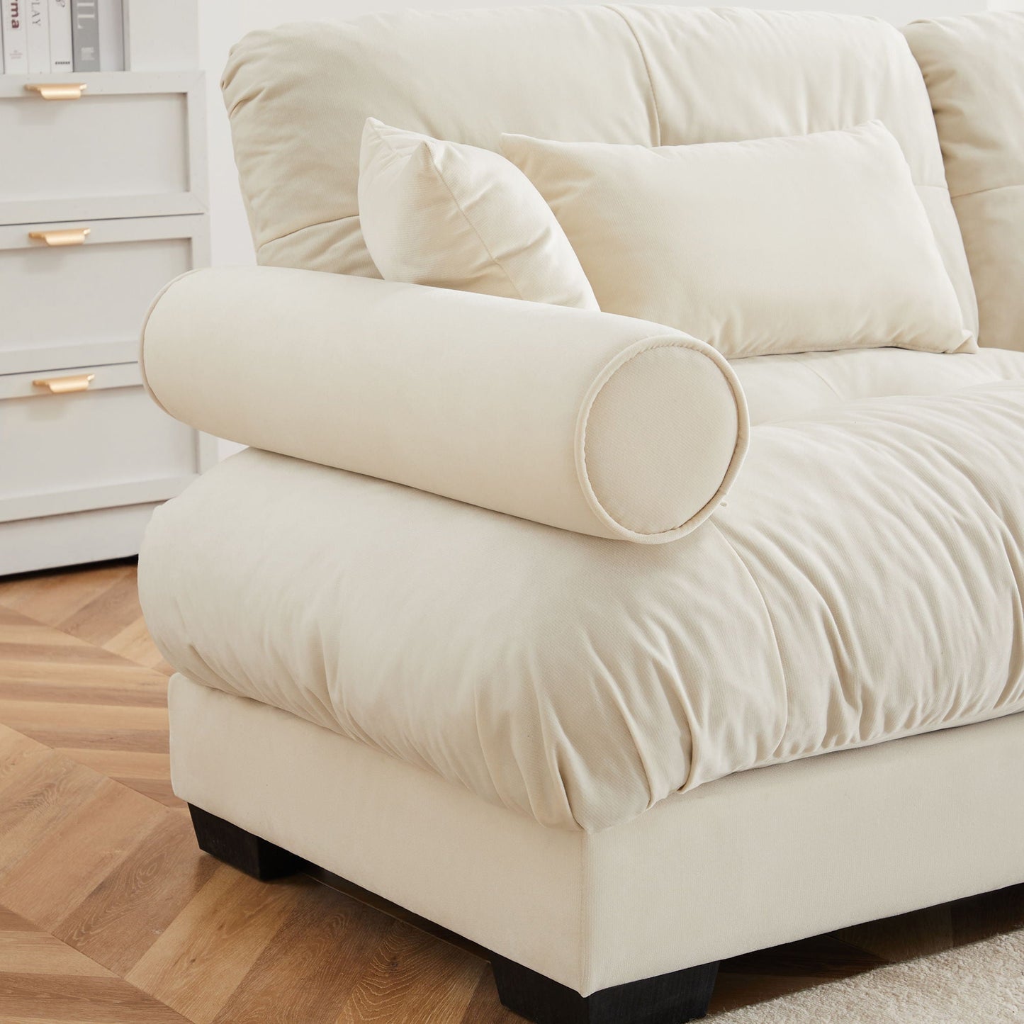 Modern Sofa With Bolstered Armrests And Pillows