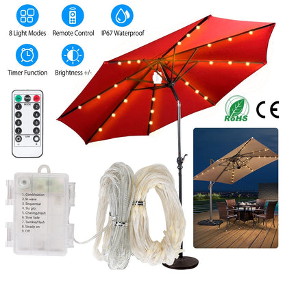 Patio Umbrella Lights 8 Lighting Mode Waterproof Parasol Timer Lamps W/ Remote Controller 104 LED 8 Bundles Warm White for Patio Garden