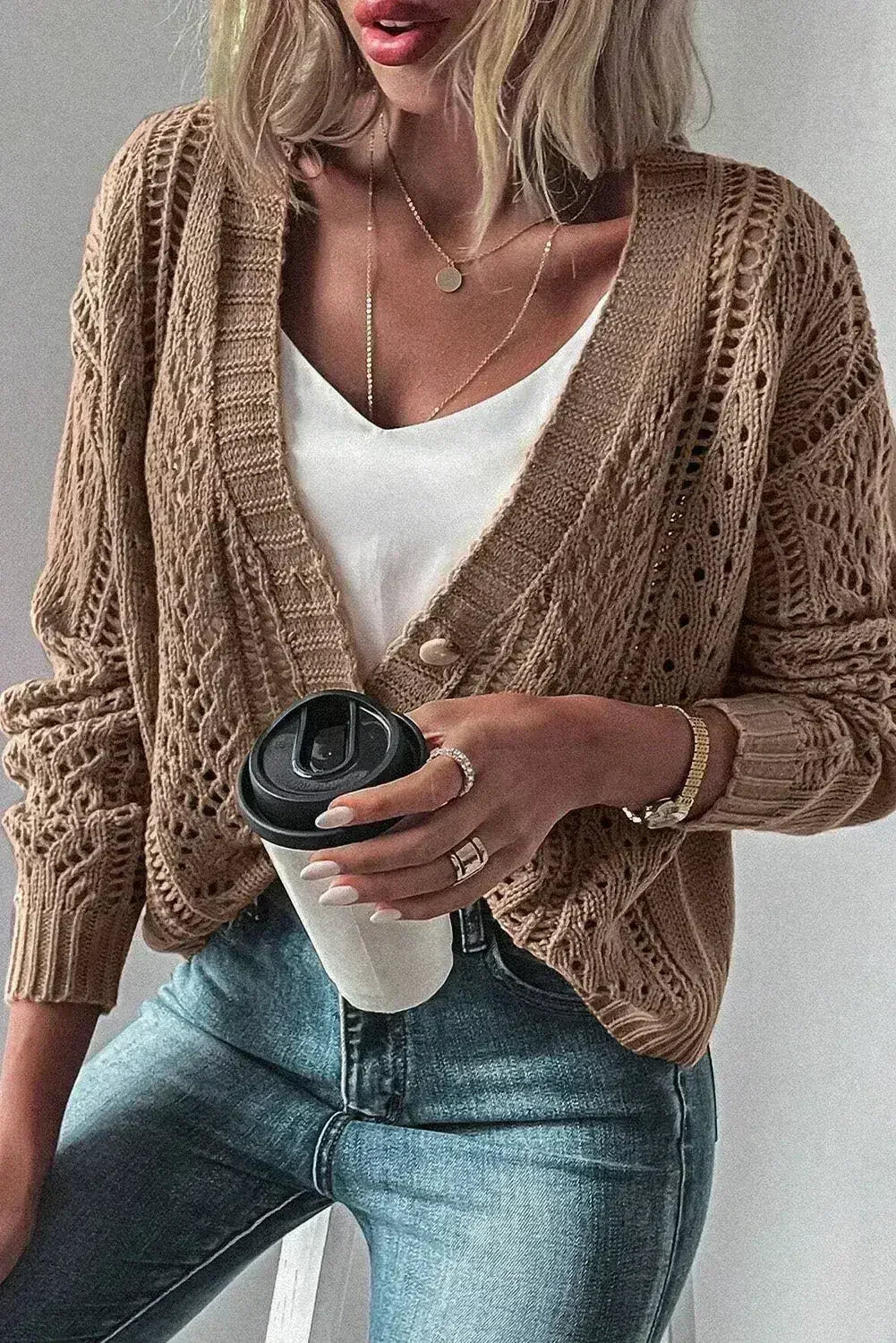 Dark Khaki Cardigan – Open Knit Drop Shoulder Sweater | Cotton-Acrylic Blend