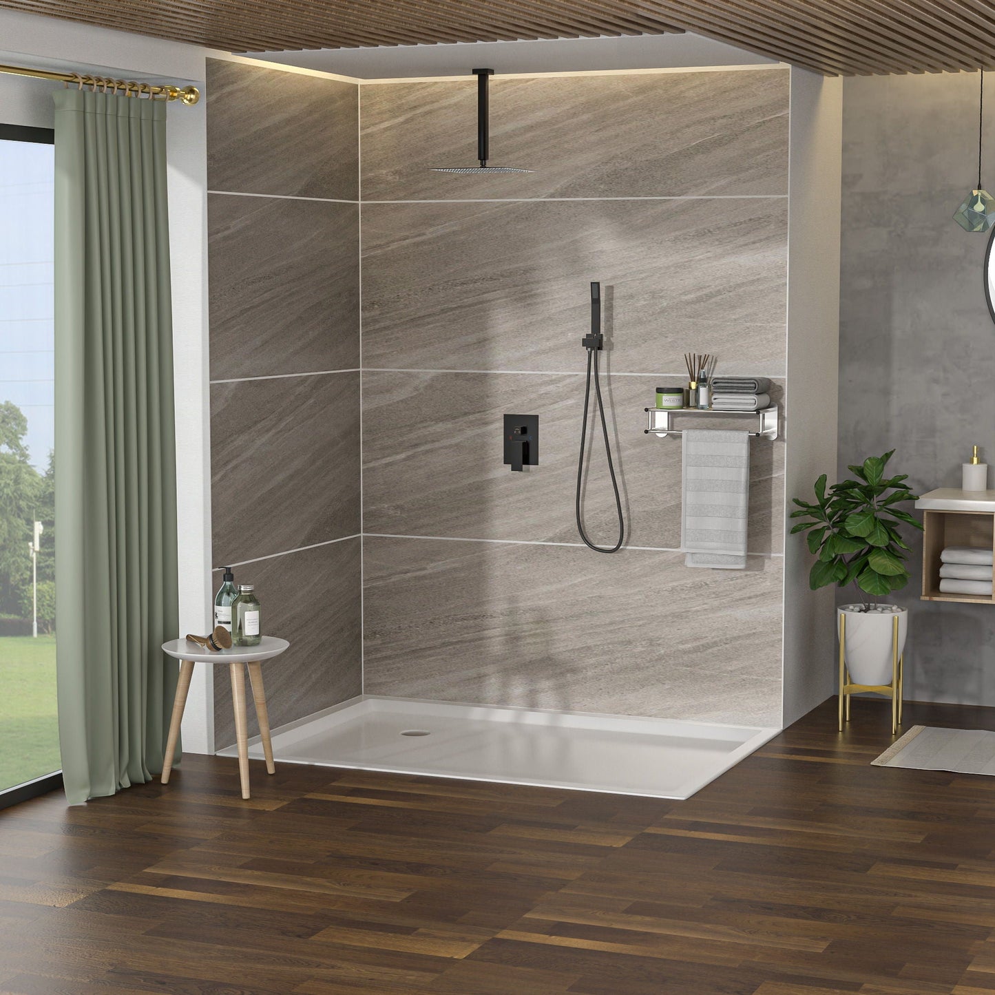 Dual Shower Head System With Ceiling Mount And Rough In Valve