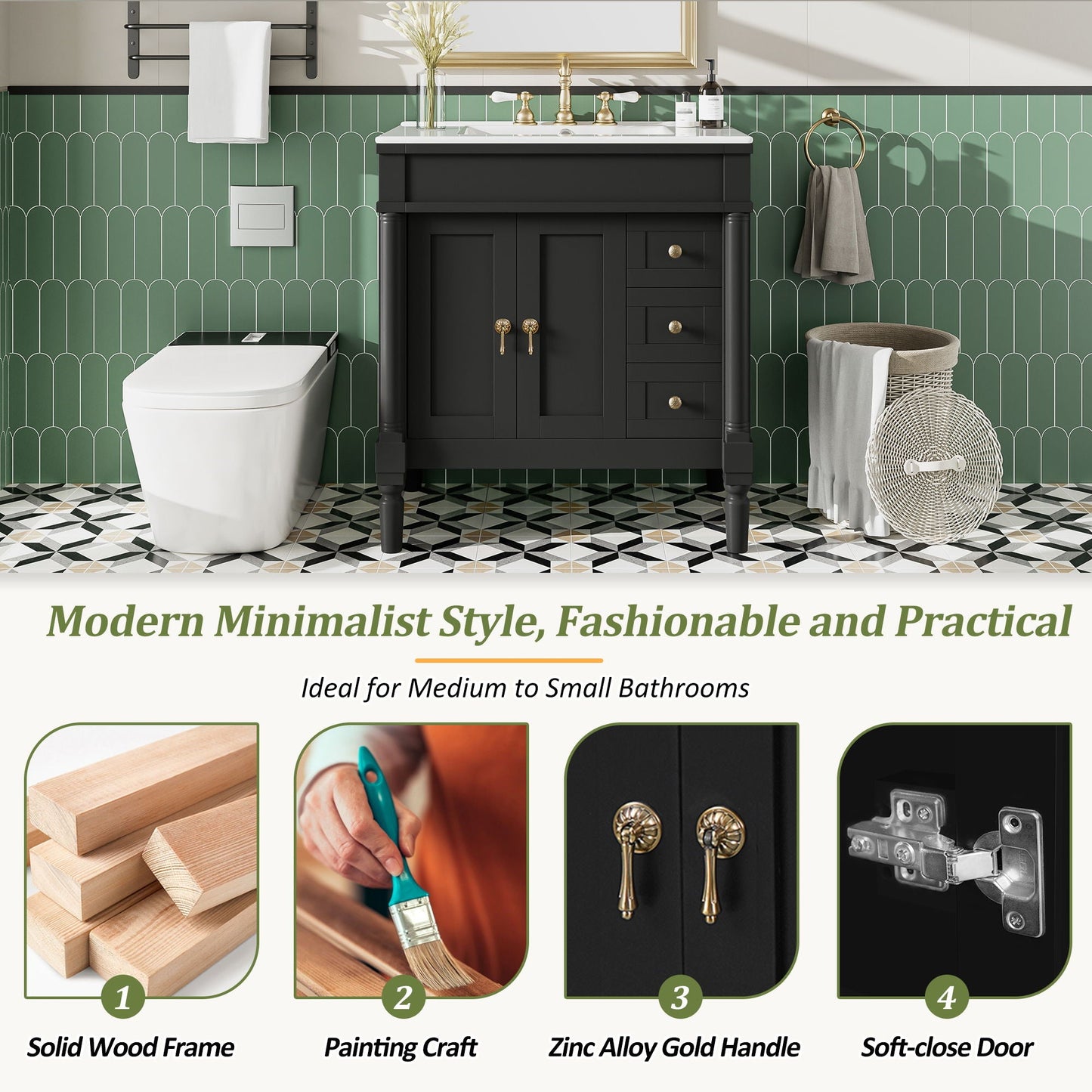 Bathroom Vanity With Ceramic Sink, 2 Doors 3 Drawers, Soft Close Design