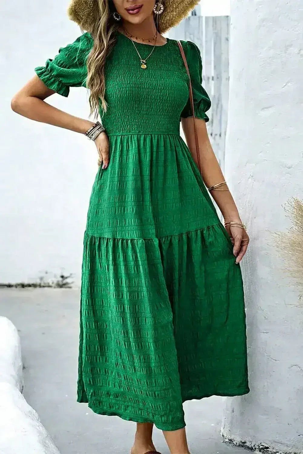 Sail Blue Solid Textured Smocked High Waist Midi Dress