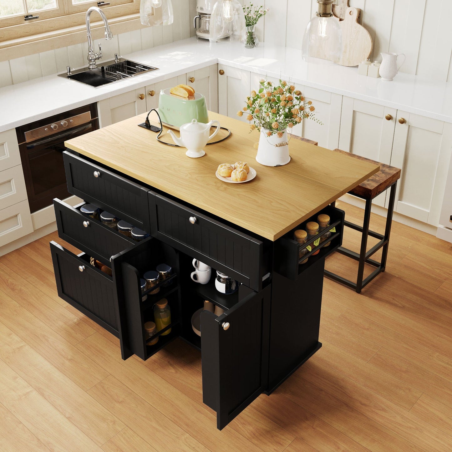 TOPMAX Farmhouse Kitchen Island with Drop Leaf and 2 Seatings
