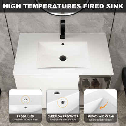 30" Wall-Mounted Bathroom Vanity With Ceramic Sink, Glossy