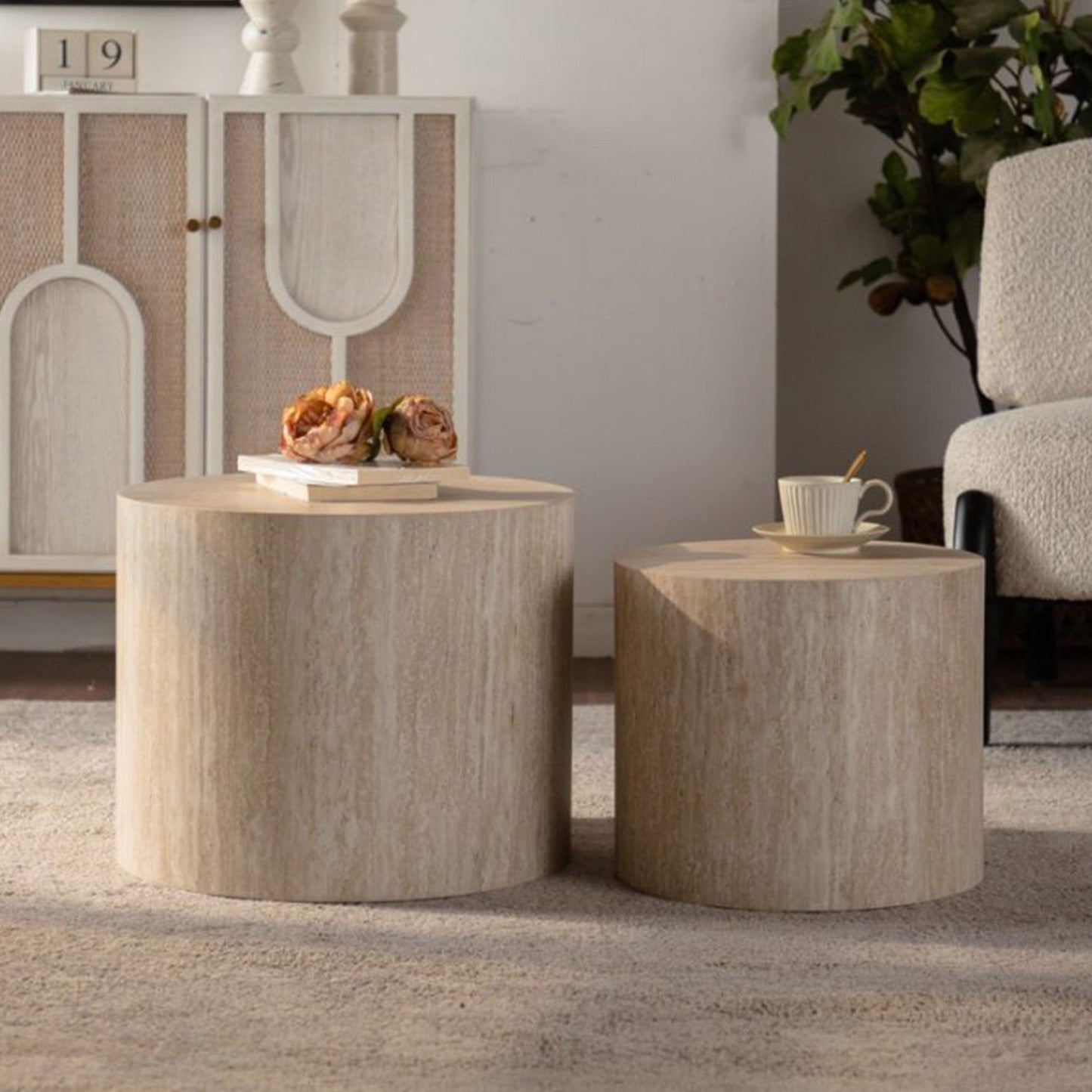 Nesting Coffee Table Set of 2 Round Wooden Tables