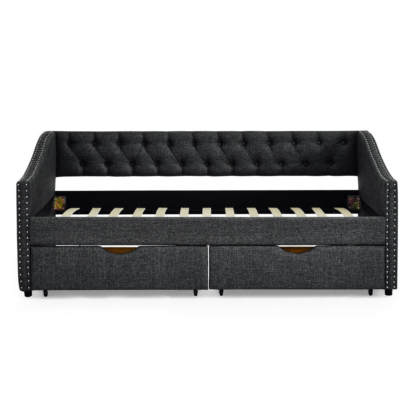 Upholstered Tufted Daybed With 2 Drawers, Waved Arms