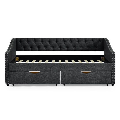Upholstered Tufted Daybed With 2 Drawers, Waved Arms