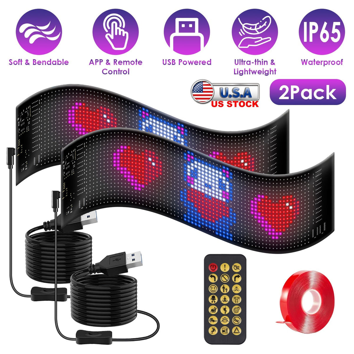 2Pack 16x96 Matrix Devil Eyes Lights For Car Ultra-thin Programmable LED Car Signs with APP Remote Control DIY Design Text Patterns Animations