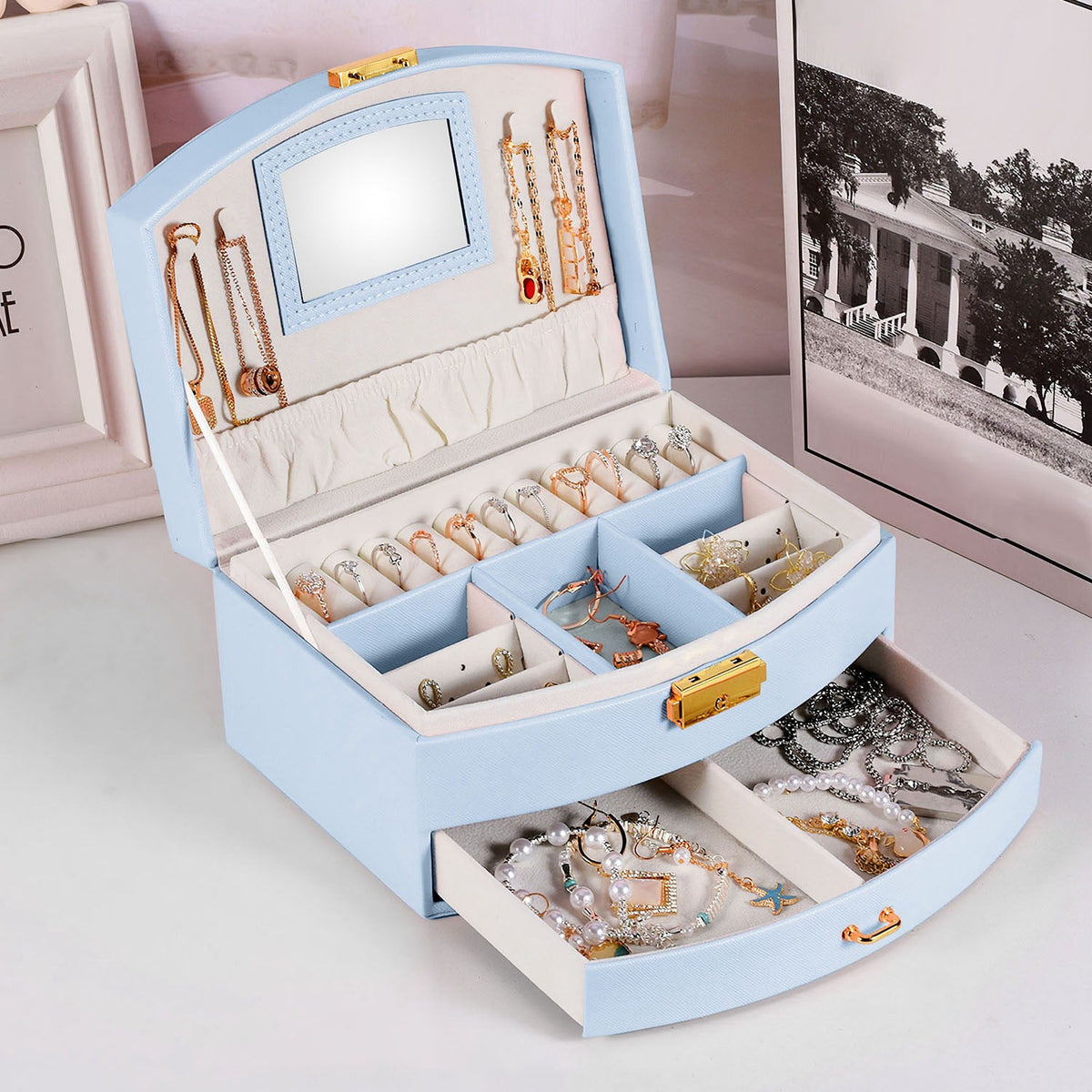 2-Layer Lockable Jewelry Box with Travel Handle